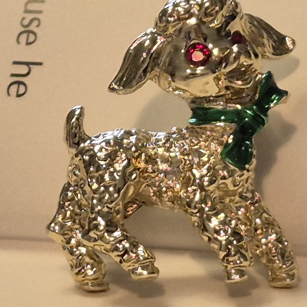 Christmas Theme Silver Dog Brooch with Green Bow